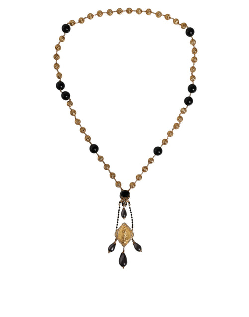 Dolce & Gabbana Gold Chain Brass Black Beaded Rosary Style Necklace - ClickThatClicks 