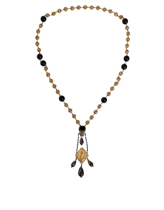 Dolce & Gabbana Gold Chain Brass Black Beaded Rosary Style Necklace - ClickThatClicks 