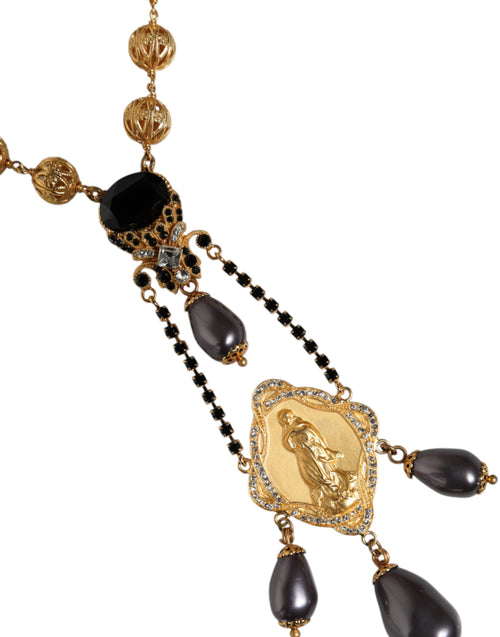 Dolce & Gabbana Gold Chain Brass Black Beaded Rosary Style Necklace - ClickThatClicks 