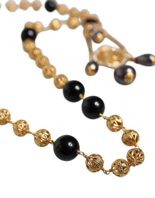 Dolce & Gabbana Gold Chain Brass Black Beaded Rosary Style Necklace - ClickThatClicks 