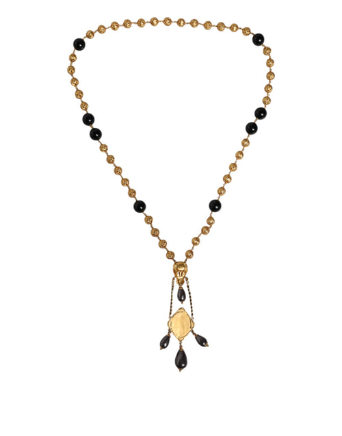 Dolce & Gabbana Gold Chain Brass Black Beaded Rosary Style Necklace - ClickThatClicks 