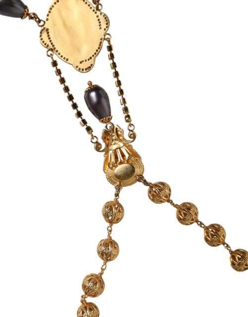 Dolce & Gabbana Gold Chain Brass Black Beaded Rosary Style Necklace - ClickThatClicks 