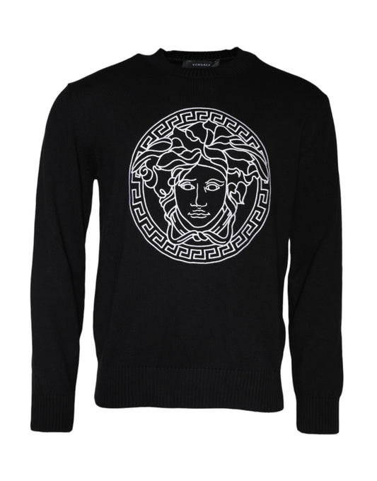 Versace Black Medusa Embroidery Crew Neck Pullover Sweater - ClickThatClicks 