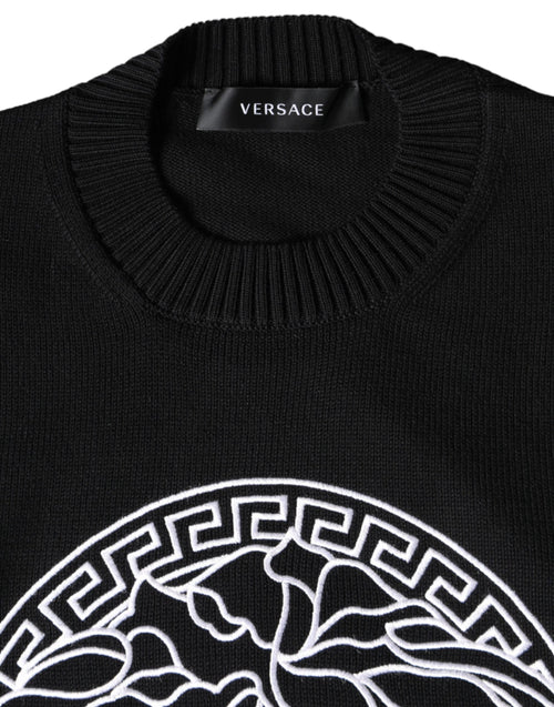 Versace Black Medusa Embroidery Crew Neck Pullover Sweater - ClickThatClicks 