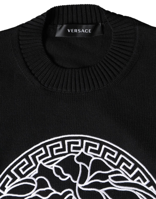 Versace Black Medusa Embroidery Crew Neck Pullover Sweater - ClickThatClicks 