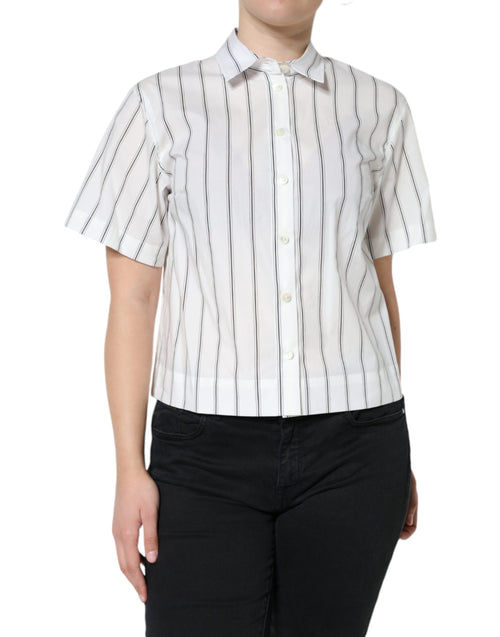 Dolce & Gabbana White Striped Collared Short Sleeve Polo Top - ClickThatClicks 
