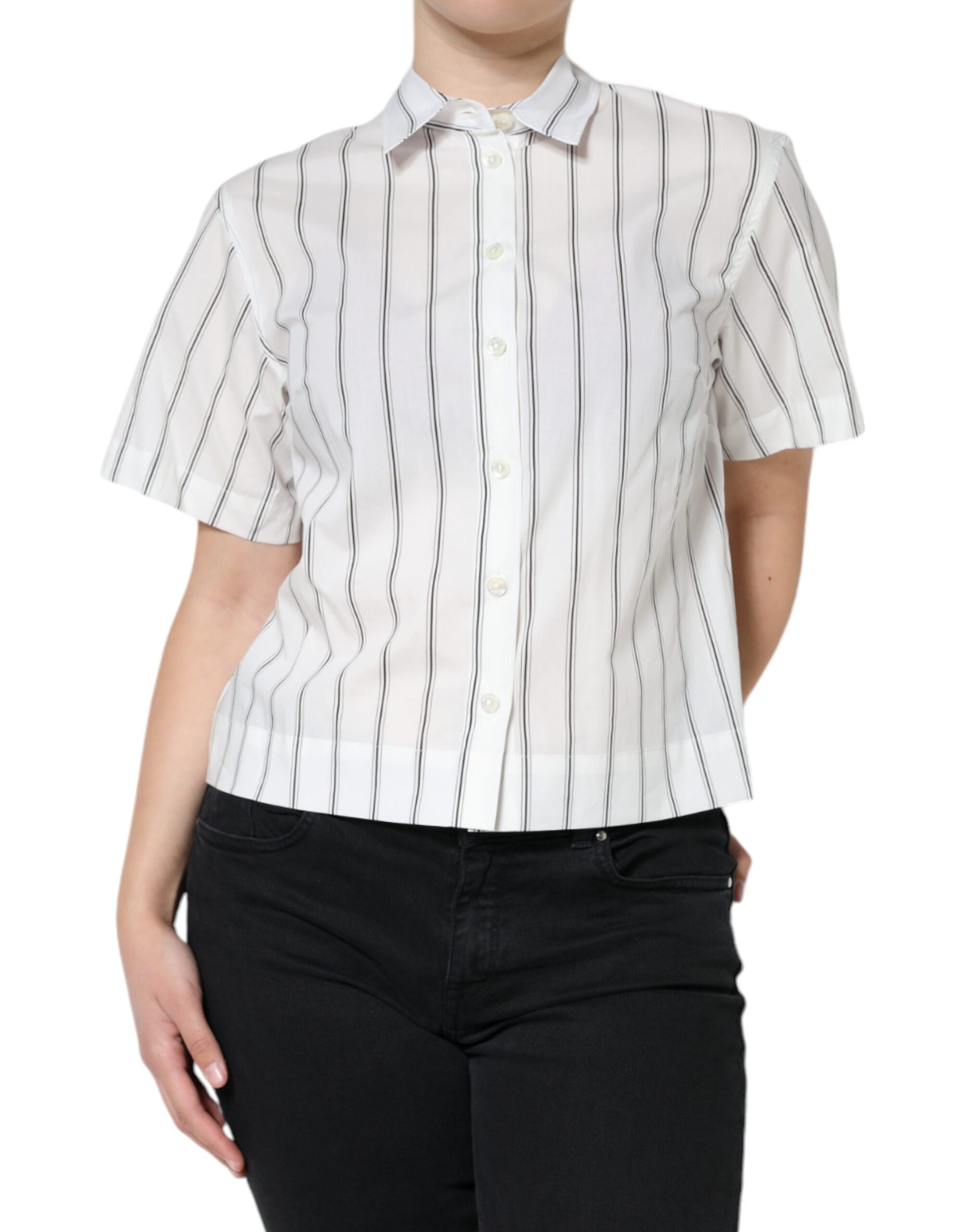 Dolce & Gabbana White Striped Collared Short Sleeve Polo Top - ClickThatClicks 