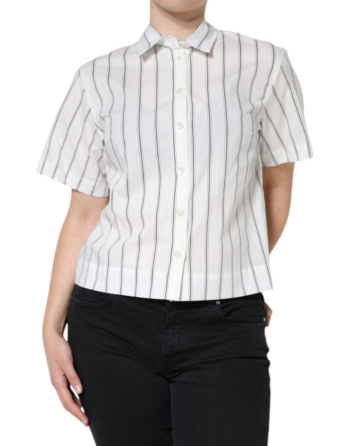 Dolce & Gabbana White Striped Collared Short Sleeve Polo Top - ClickThatClicks 
