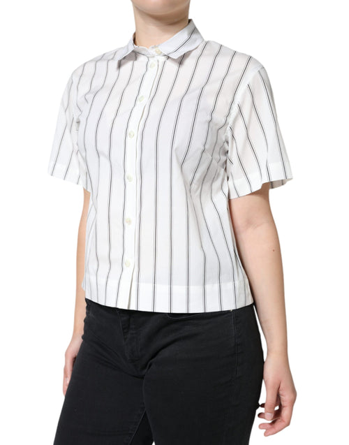 Dolce & Gabbana White Striped Collared Short Sleeve Polo Top - ClickThatClicks 