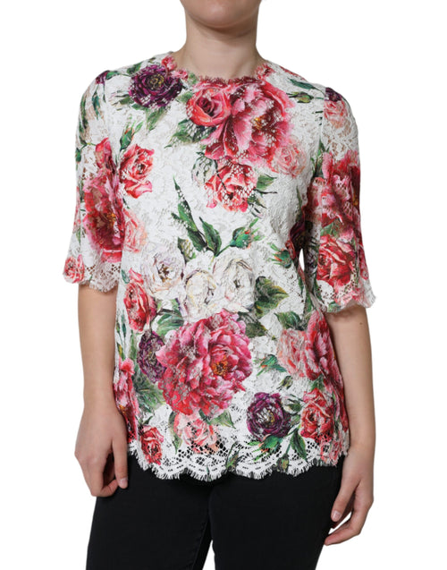 Dolce & Gabbana White Peony Lace Short Sleeves Blouse Top - ClickThatClicks 