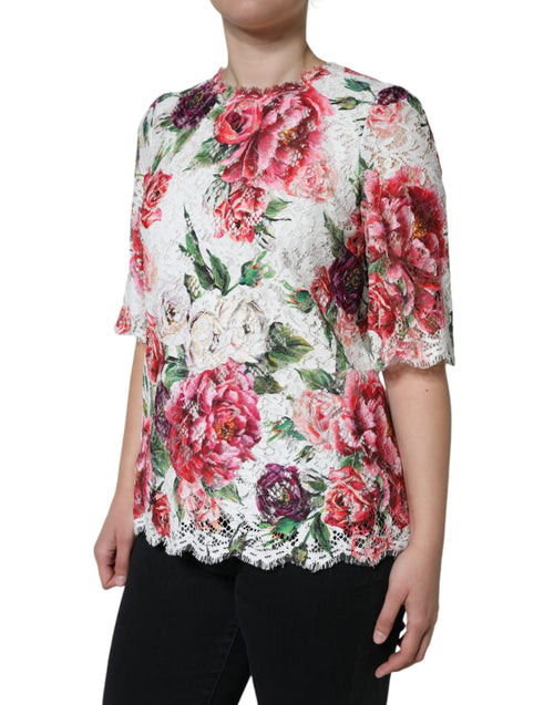 Dolce & Gabbana White Peony Lace Short Sleeves Blouse Top - ClickThatClicks 