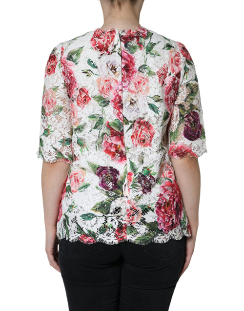 Dolce & Gabbana White Peony Lace Short Sleeves Blouse Top - ClickThatClicks 