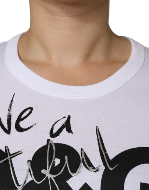 Dolce & Gabbana White Cotton Logo Print Round Neck T-shirt - ClickThatClicks 