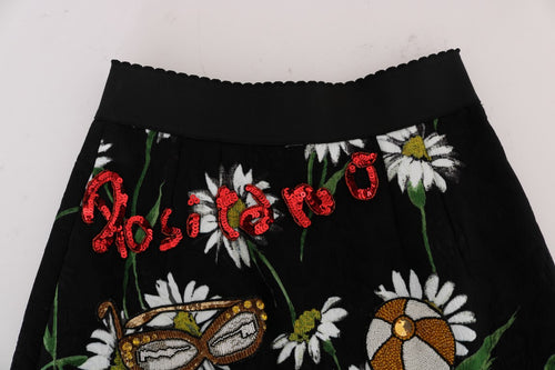 Dolce & Gabbana Black Embellished Daisy Brocade Skirt - ClickThatClicks 