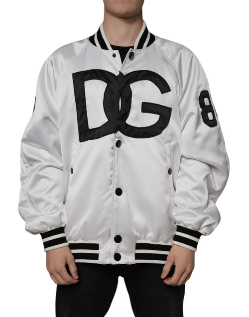 Dolce & Gabbana White Polyester Logo Full Zip Bomber Jacket - ClickThatClicks 