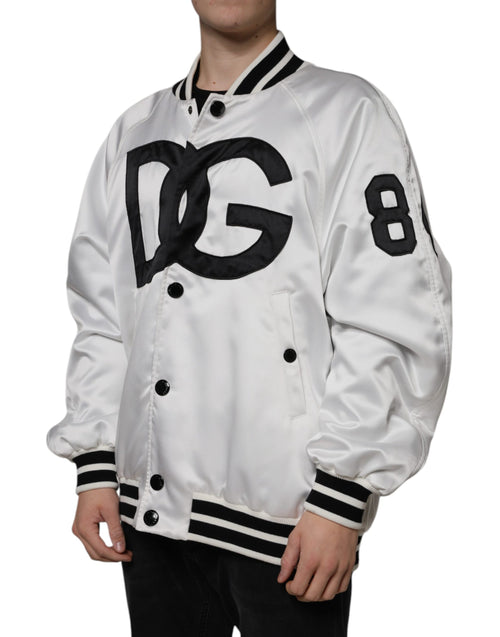 Dolce & Gabbana White Polyester Logo Full Zip Bomber Jacket - ClickThatClicks 