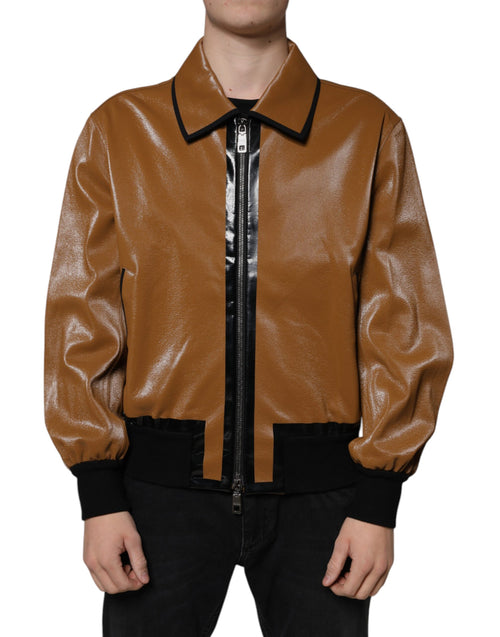 Dolce & Gabbana Brown Leather Full Zip Men Bomber Jacket - ClickThatClicks 