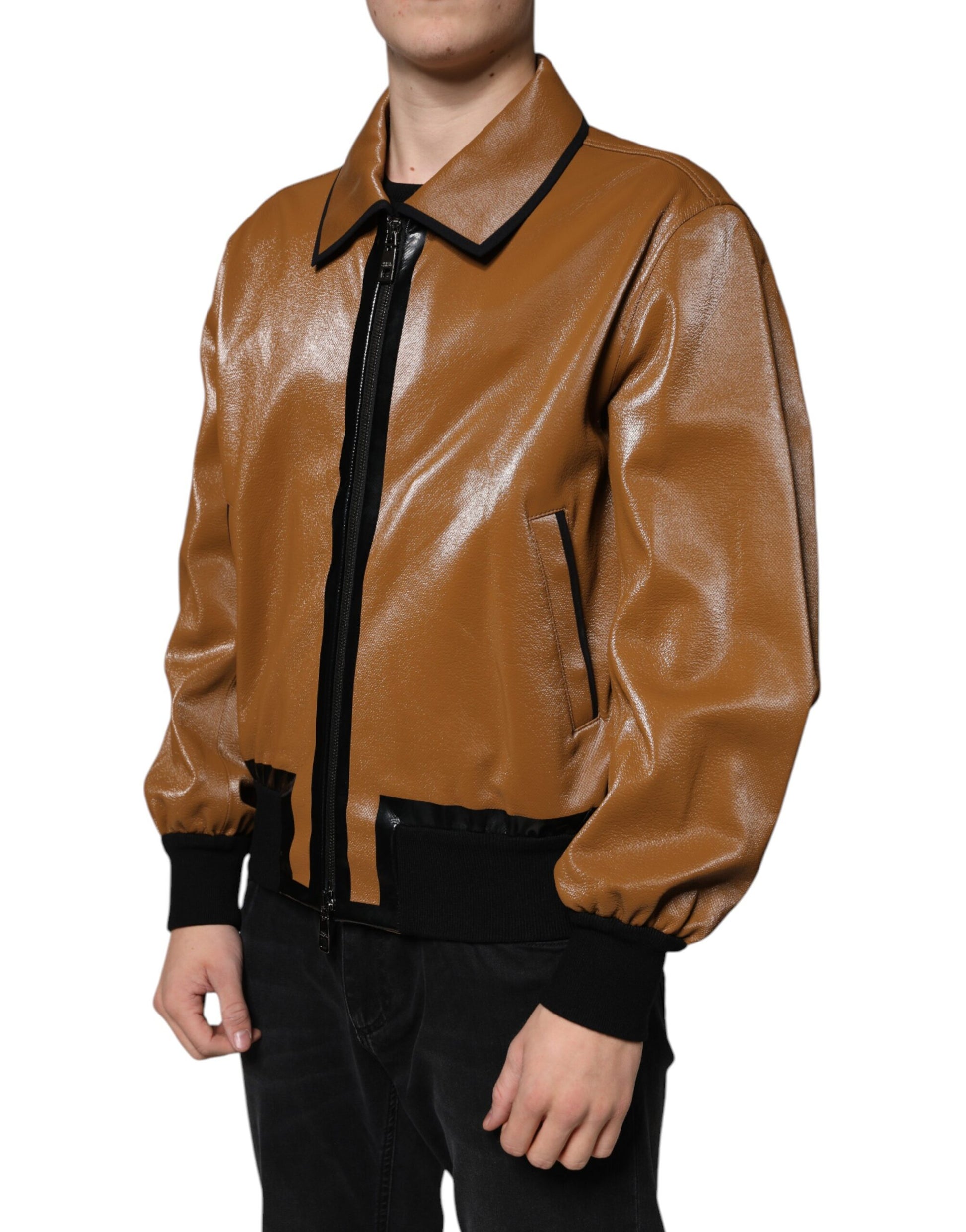 Dolce & Gabbana Brown Leather Full Zip Men Bomber Jacket - ClickThatClicks 