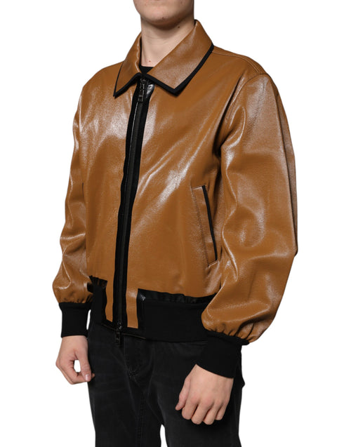 Dolce & Gabbana Brown Leather Full Zip Men Bomber Jacket - ClickThatClicks 