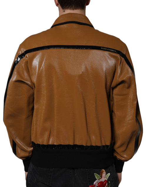 Dolce & Gabbana Brown Leather Full Zip Men Bomber Jacket - ClickThatClicks 
