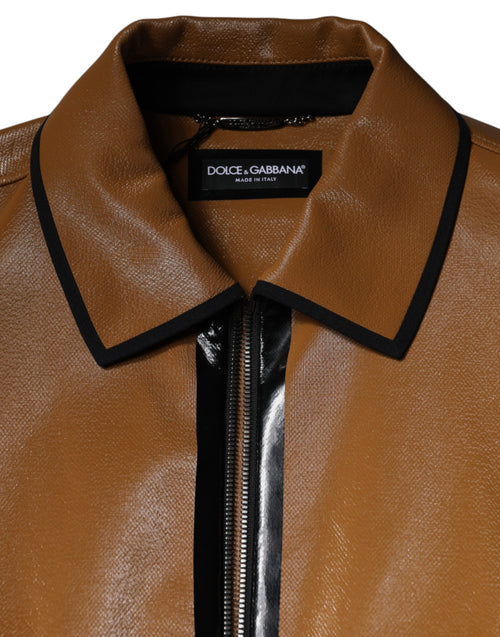 Dolce & Gabbana Brown Leather Full Zip Men Bomber Jacket - ClickThatClicks 