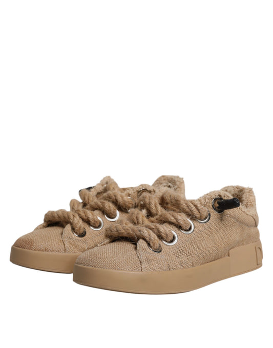Dolce & Gabbana Brown Jute Fabric Low Top Men Sneakers Shoes - ClickThatClicks 
