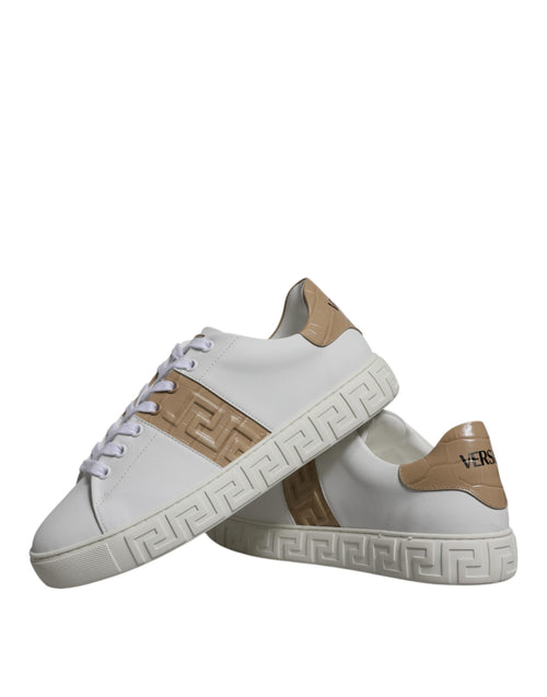 Versace White Brown Greca Print TPU Low Top Men Sneakers Shoes - ClickThatClicks 