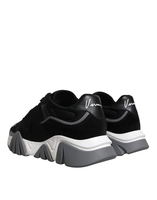 Versace Black Leather Neoprene Chunky Low Top Sneakers Squalo Shoes - ClickThatClicks 