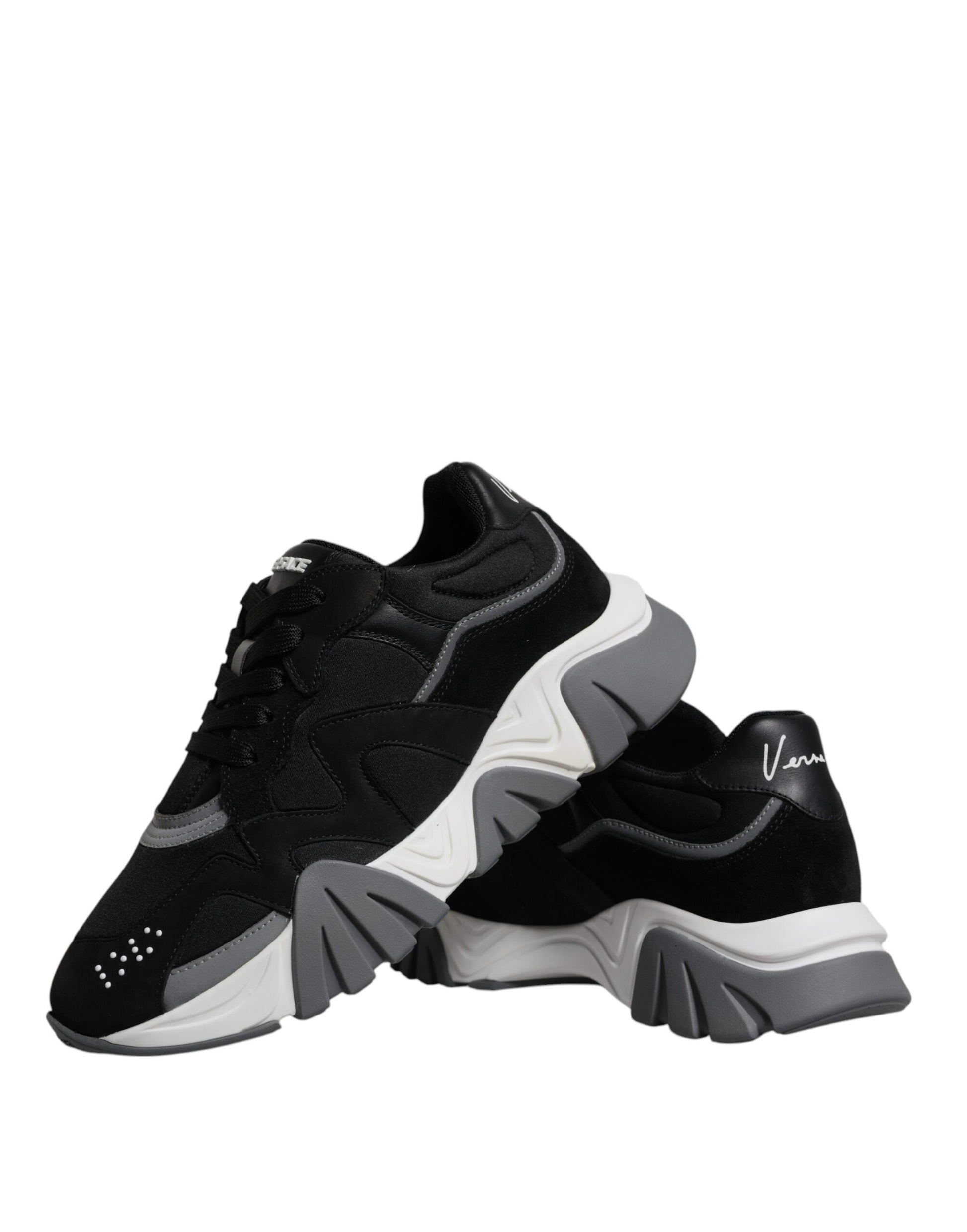 Versace Black Leather Neoprene Chunky Low Top Sneakers Squalo Shoes - ClickThatClicks 