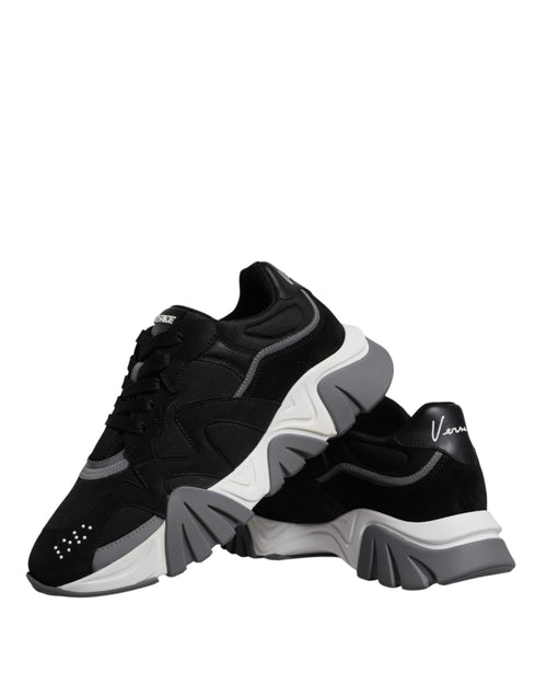 Versace Black Leather Neoprene Chunky Low Top Sneakers Squalo Shoes - ClickThatClicks 