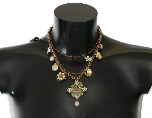 Dolce & Gabbana Gold Brass Crystal Floral Statement Charms Necklace - ClickThatClicks 