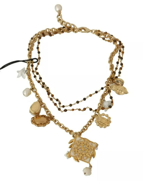 Dolce & Gabbana Gold Brass Crystal Floral Statement Charms Necklace - ClickThatClicks 