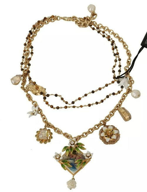 Dolce & Gabbana Gold Brass Crystal Floral Statement Charms Necklace - ClickThatClicks 