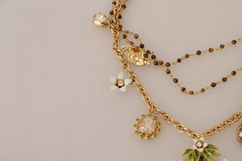 Dolce & Gabbana Gold Brass Crystal Floral Statement Charms Necklace - ClickThatClicks 