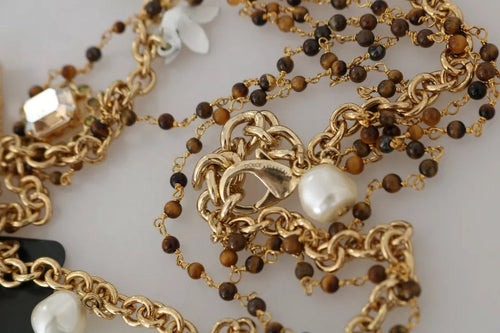 Dolce & Gabbana Gold Brass Crystal Floral Statement Charms Necklace - ClickThatClicks 