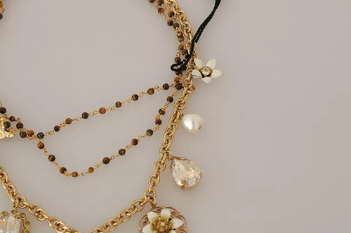 Dolce & Gabbana Gold Brass Crystal Floral Statement Charms Necklace - ClickThatClicks 