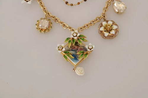 Dolce & Gabbana Gold Brass Crystal Floral Statement Charms Necklace - ClickThatClicks 