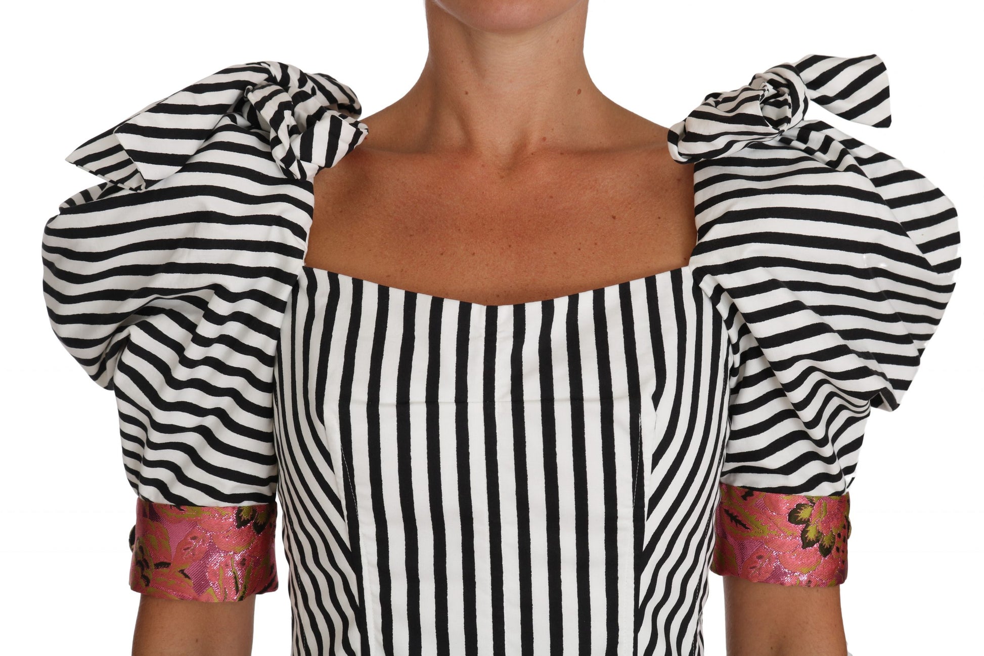 Dolce & Gabbana White Black Striped Cropped Top Puff Sleeve Shirts - ClickThatClicks 