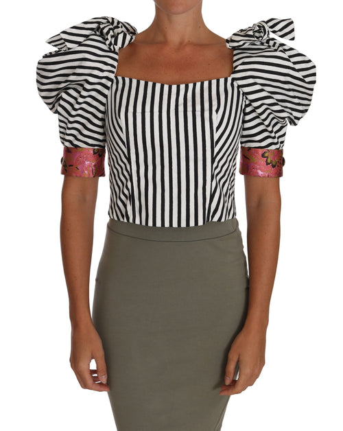 Dolce & Gabbana White Black Striped Cropped Top Puff Sleeve Shirts - ClickThatClicks 