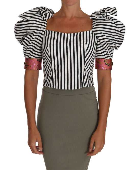 Dolce & Gabbana White Black Striped Cropped Top Puff Sleeve Shirts - ClickThatClicks 