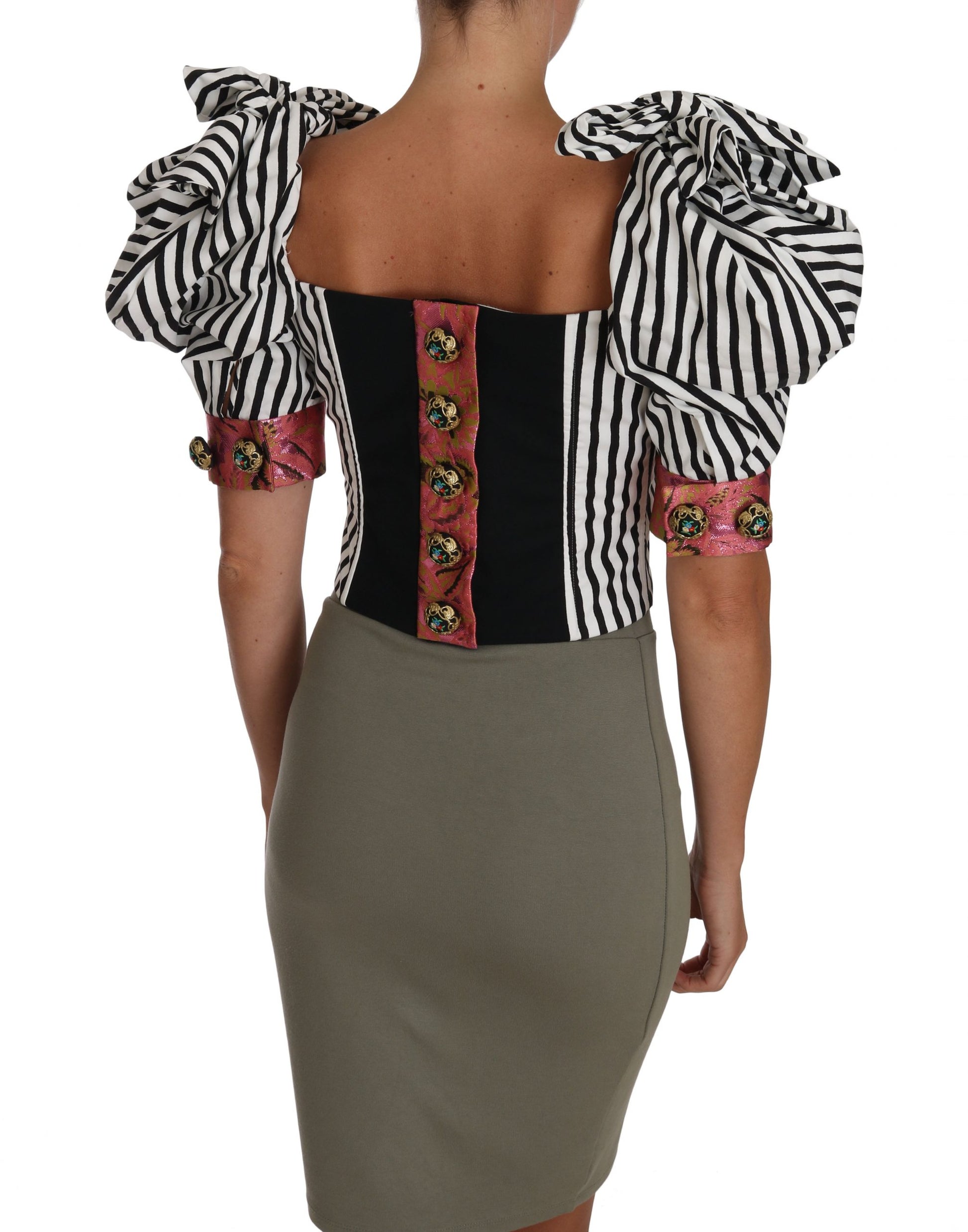 Dolce & Gabbana White Black Striped Cropped Top Puff Sleeve Shirts - ClickThatClicks 