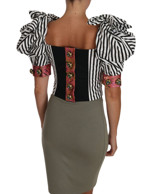 Dolce & Gabbana White Black Striped Cropped Top Puff Sleeve Shirts - ClickThatClicks 