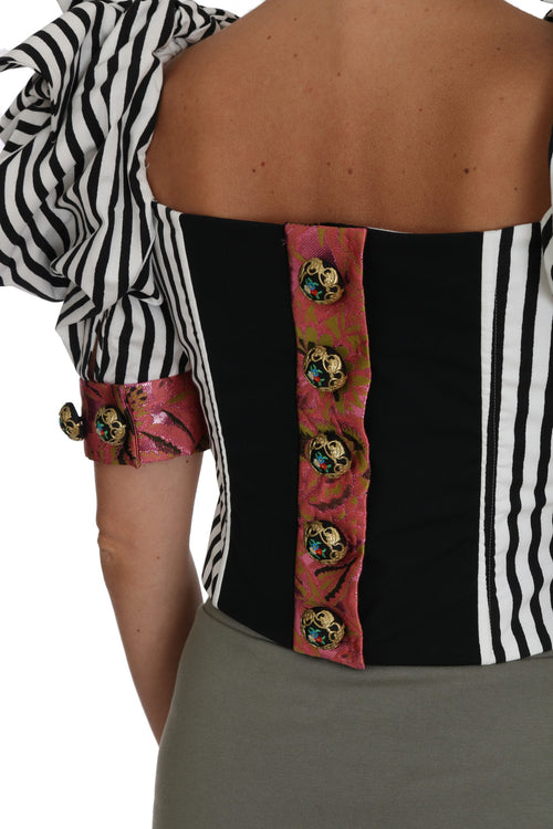 Dolce & Gabbana White Black Striped Cropped Top Puff Sleeve Shirts - ClickThatClicks 