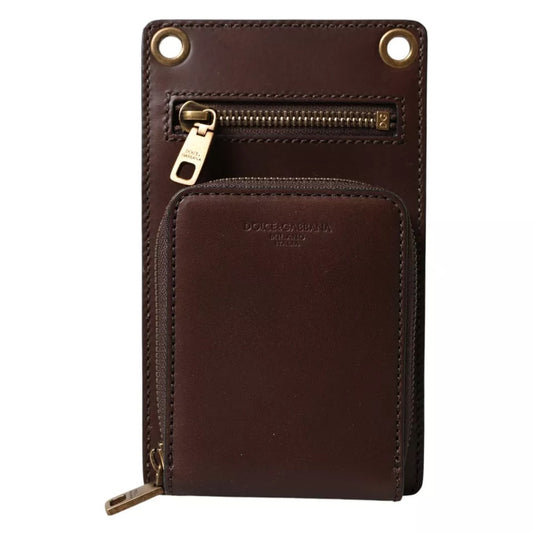 Dolce & Gabbana Brown Calf Leather Zip Logo Shoulder Neck Strap Wallet - ClickThatClicks 