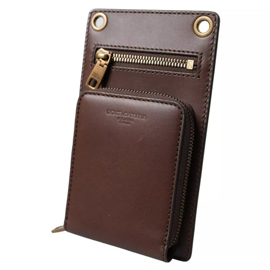 Dolce & Gabbana Brown Calf Leather Zip Logo Shoulder Neck Strap Wallet - ClickThatClicks 