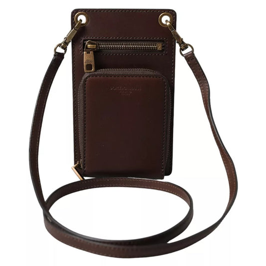 Dolce & Gabbana Brown Calf Leather Zip Logo Shoulder Neck Strap Wallet - ClickThatClicks 