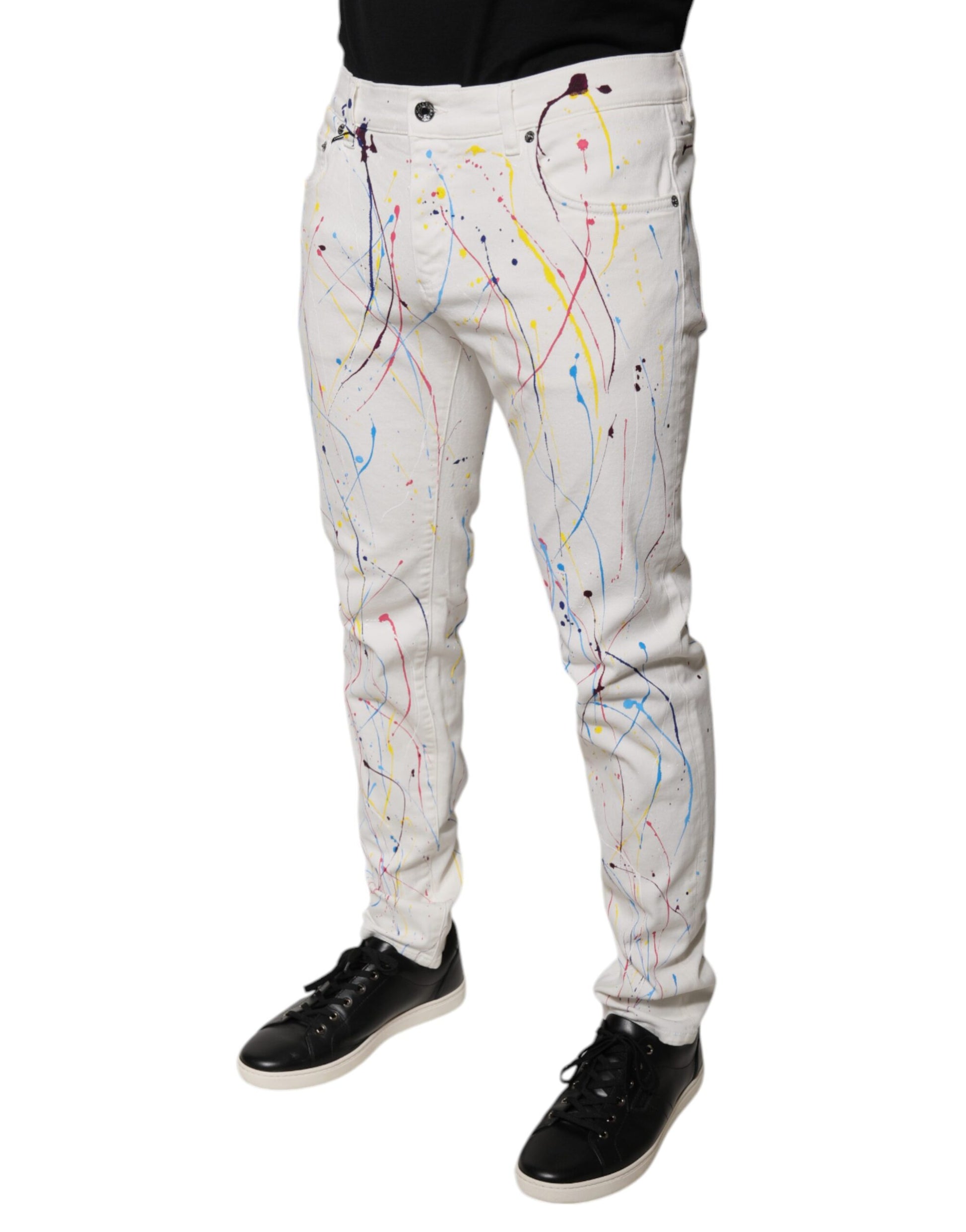 Dolce & Gabbana White Color Splash Print Skinny Denim Jeans - ClickThatClicks 