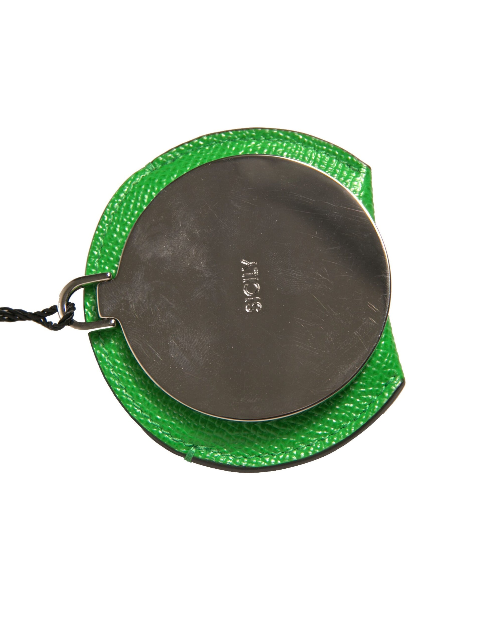 Dolce & Gabbana Green Calfskin Leather Round Logo Hand Mirror Holder - ClickThatClicks 