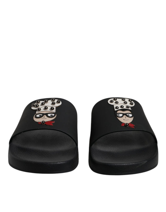 Dolce & Gabbana Black Leather Slides Sandals Beachwear Shoes - ClickThatClicks 