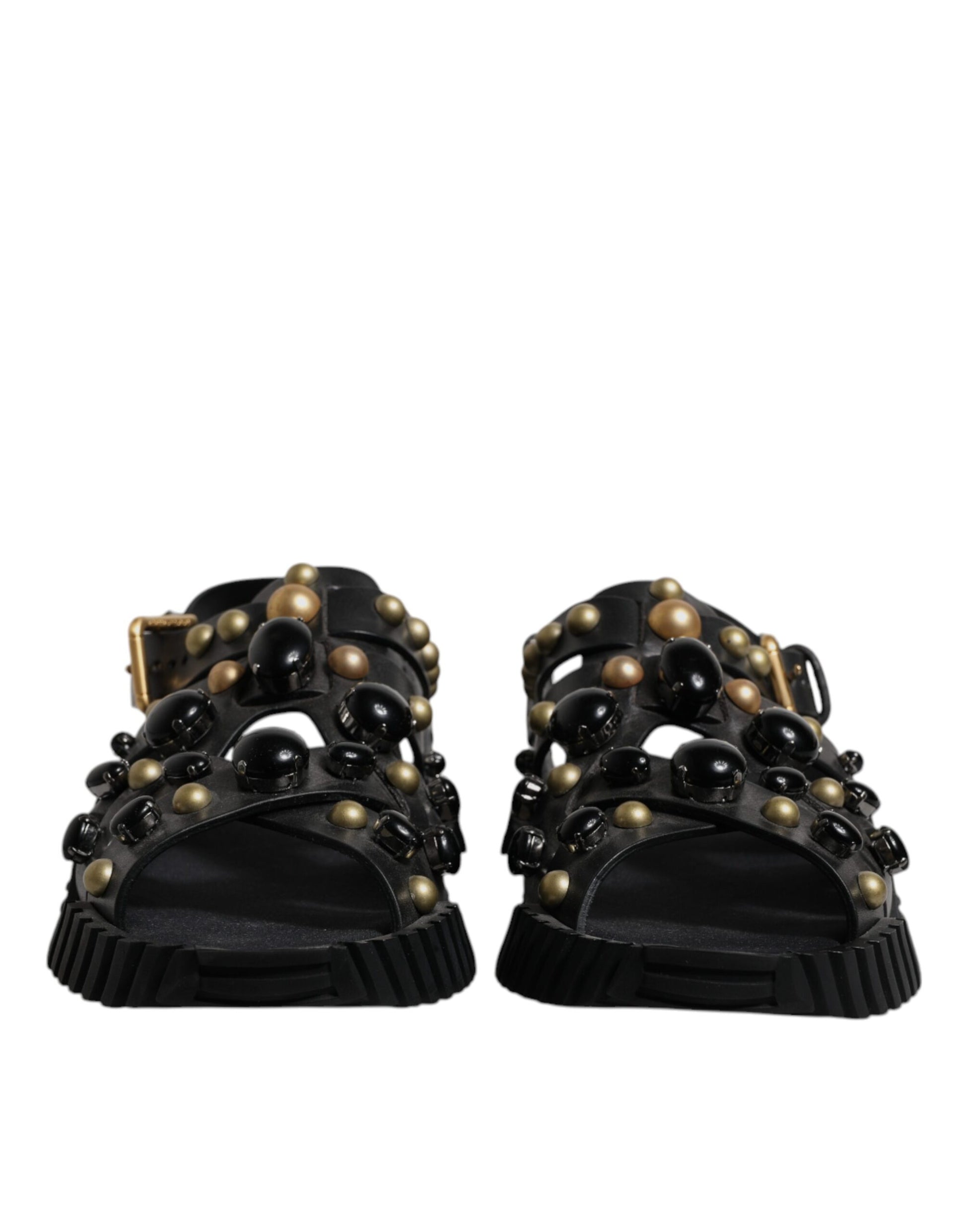 Dolce & Gabbana Black Leather Studded Slides Sandals Shoes - ClickThatClicks 
